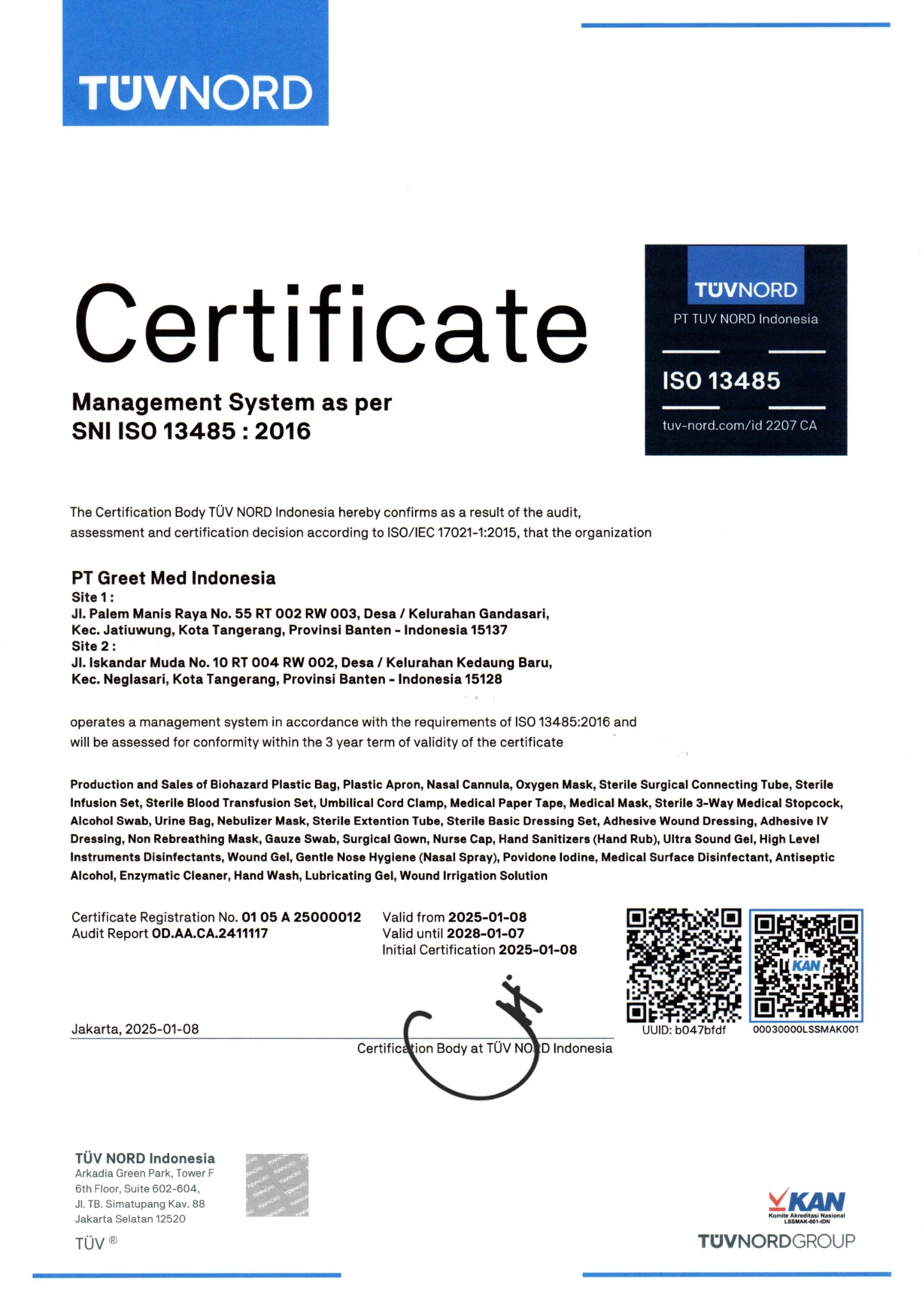 ISO 13485 certificate issued by TÜV NORD Indonesia